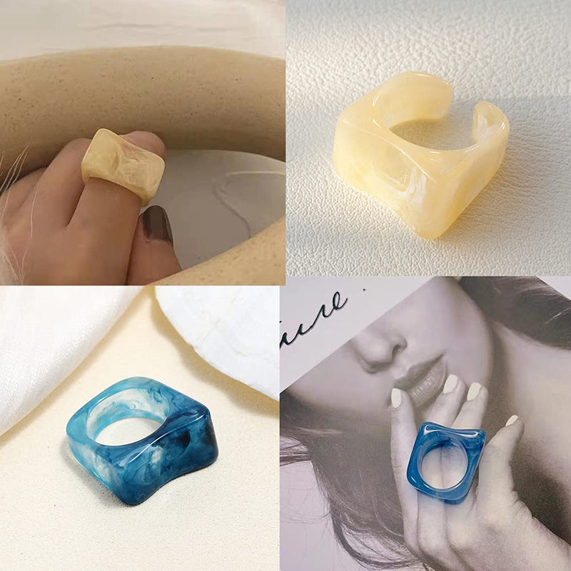 [Australia] - nylry 9/12 Pcs Resin Rings for Women Y2K Cute Plastic Colorful Ring Retro Acrylic Finger Ring Set Stackable Square Ring Adjustable Open Band Size 6 7 8 9 A 