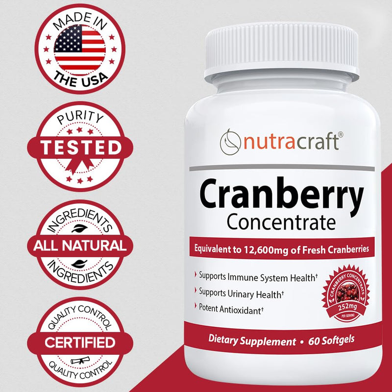 [Australia] - #1 Cranberry Extract Concentrate | 12,600 mg of Fresh Cranberries, Vitamin C + E | Bladder & Urinary Tract Support | Sugar Free | 60 Softgel Capsules 