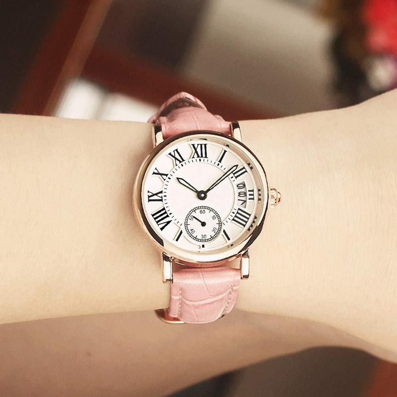 [Australia] - Watches for Women, Lady Analog Round Quartz Leather Strap Date Watch Classical Wristwatch(Pink Strap) Pink Strap 