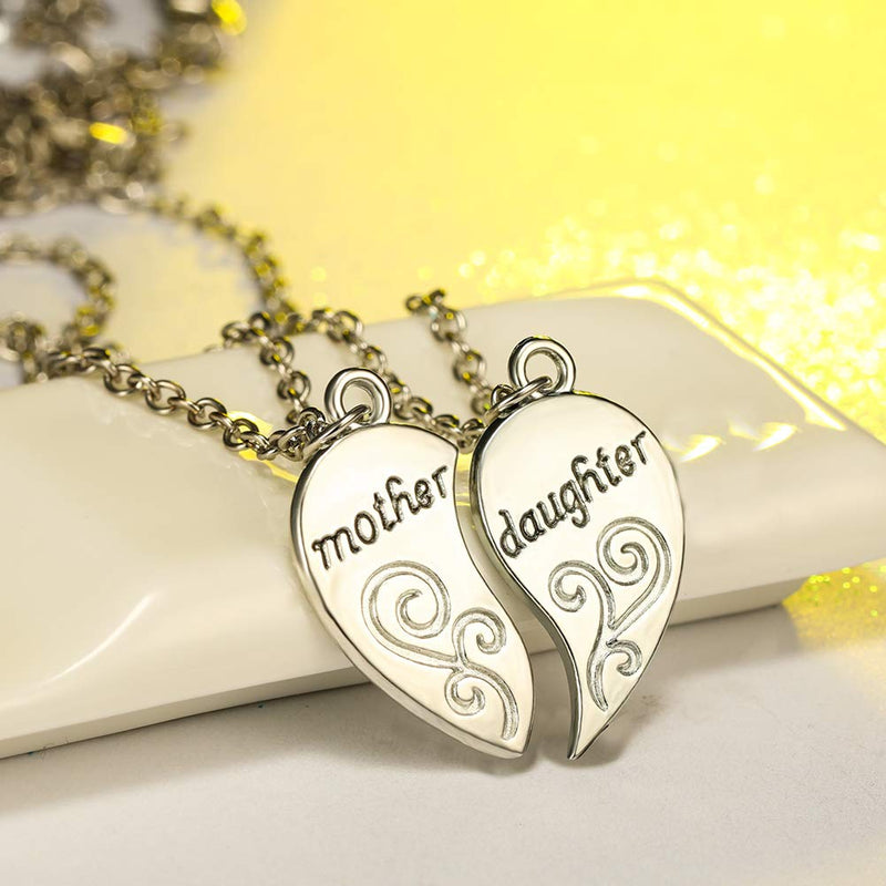 [Australia] - Bamos 2 Pcs Mother & Daughter Heart Necklace Set, Silver Chain Necklace Pendant for Women Girls with Jewelry Gift Box 