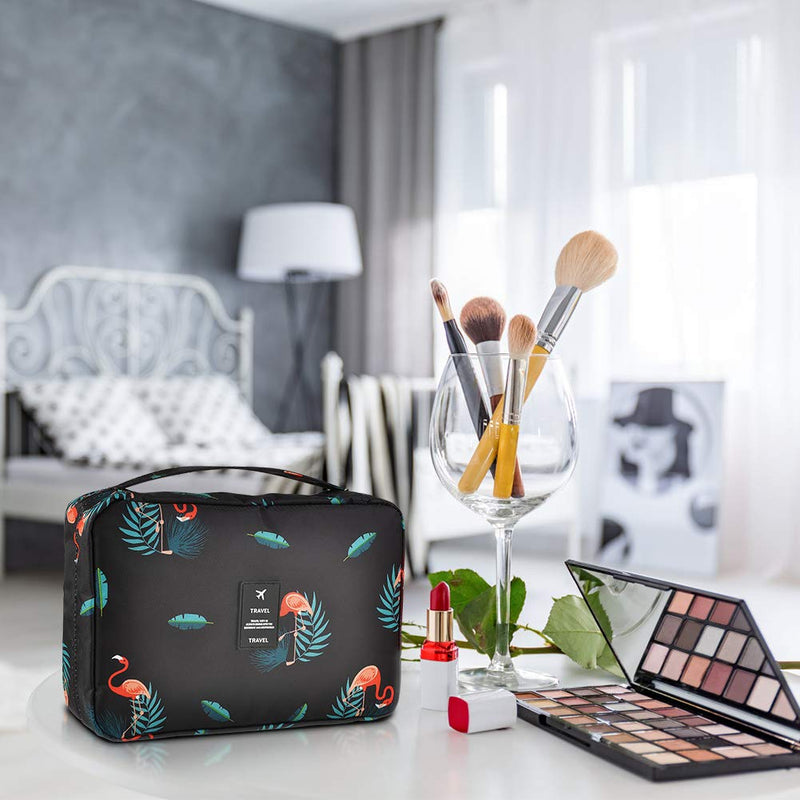 [Australia] - Hanging Travel Toiletry Bag Blibly Makeup Cosmetic Organizer Bag for Woman and Girls Bathroom and Shower Organizer Bag Waterproof ((Large)10.6x7.3x3.3 inch, Black(Flamingo)) (Large)10.6x7.3x3.3 inch Black(Flamingo) 