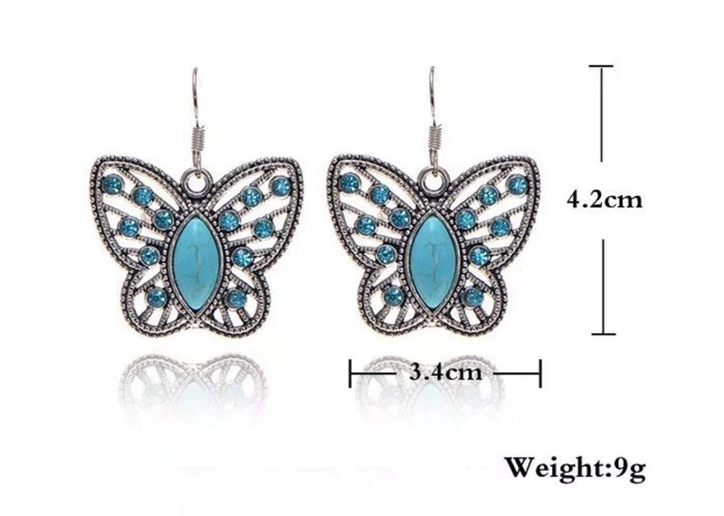 [Australia] - Cocazyw Silver Butterfly Turquoise Bracelet and Earrings for Women Girl Retro Charm Gemstone Jewelry Set Pendant Necklace and Drop Earrings for Women Girl 