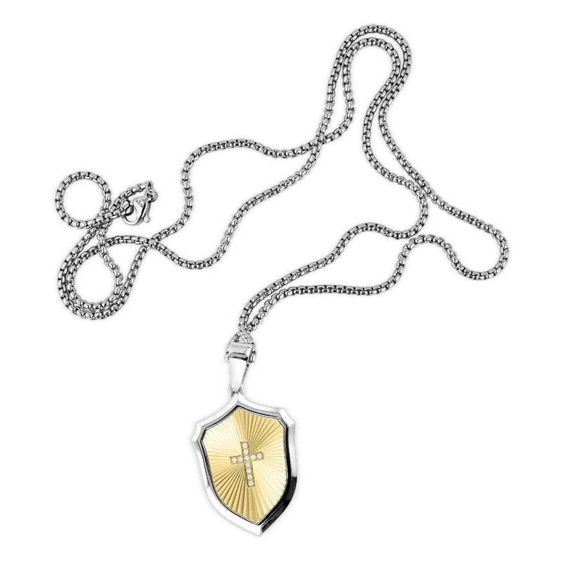 [Australia] - BUVE Cross Armor Shield 14K Gold Zircon Match Pendant Necklace With A Polished Silver CZ Cross Inlay Comes With A Stainless Steel 26 IN Rolo chain 