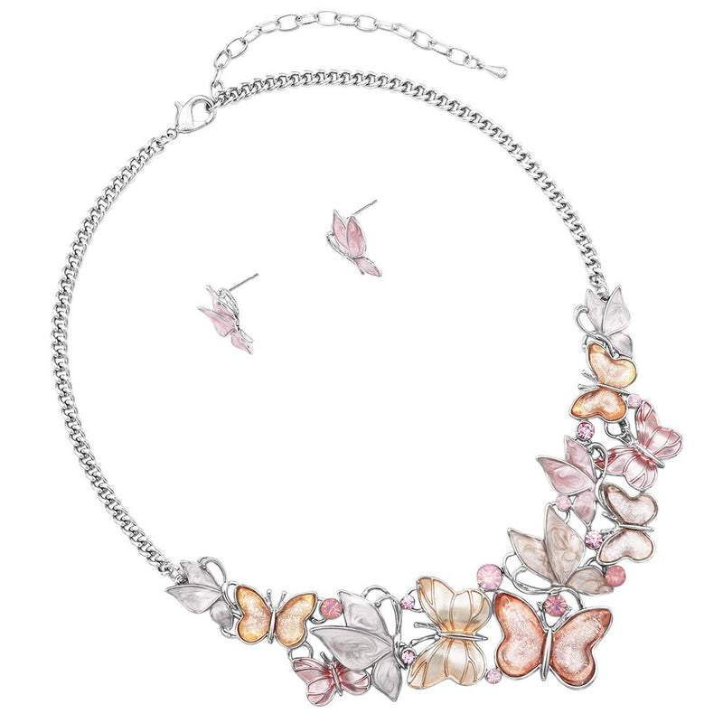 [Australia] - Rosemarie Collections Women's Beautiful Resin and Enamel Butterflies with Crystals Collar Necklace Earrings Set, 13"-16" with 3" Extender Peachy Pink 