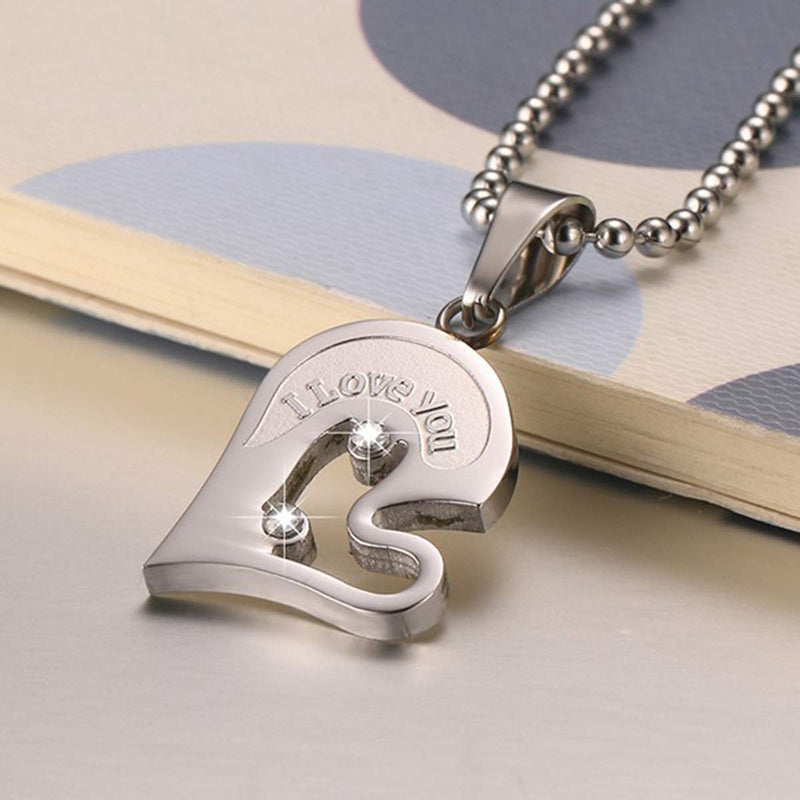 [Australia] - I Love You Engraved Couples Necklace Couples Gifts 20" Chain Puzzle Matching Couples-Silver Blue Heart 