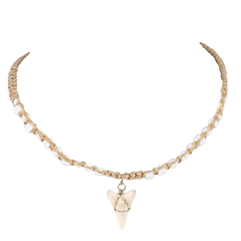 [Australia] - BlueRica Mako Shark Tooth Pendant on Braided Hemp Necklace with Puka Shell Beads 