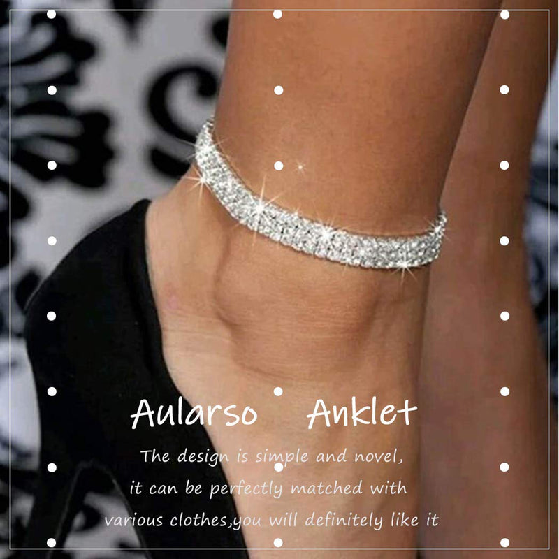 [Australia] - Aularso Simple Ankle Bracelets Silver Vintage Crystal Anklet Rhinestones Foot Chain Jewelry for Women and Girls (2) 2 