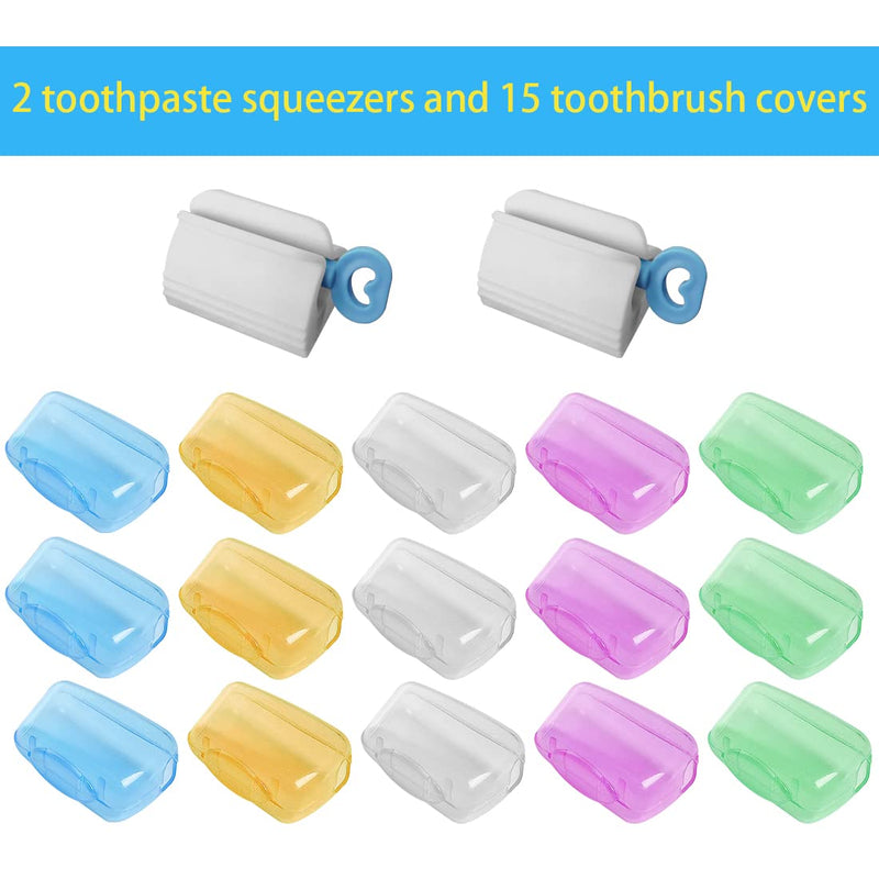 [Australia] - GWAWG Travel Toothbrush Cover, 15 Pcs Portable Toothbrush Heads Hygienic Protective Cap and 2 Pieces Toothpaste Squeezer 