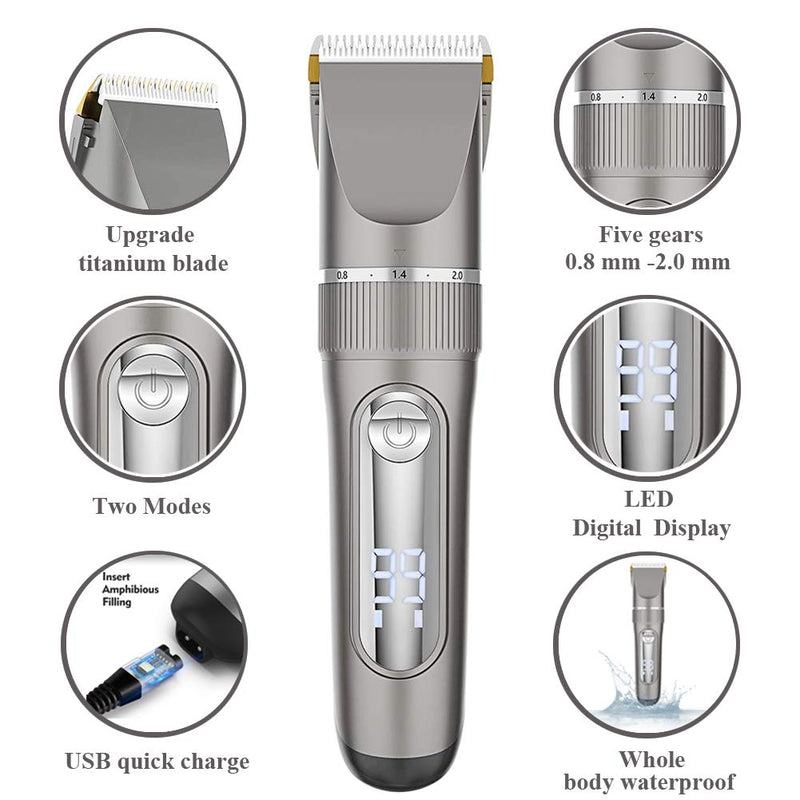 [Australia] - Hair Clippers for Men Kids,Hair Clippers and Hair Cutting Scissors Set, Professional Hair Trimmer Set Cordless Rechargeable Led Display Five Speed Adjustment Electric Hair Clippers with 6 Guide Combs Silver Gray 