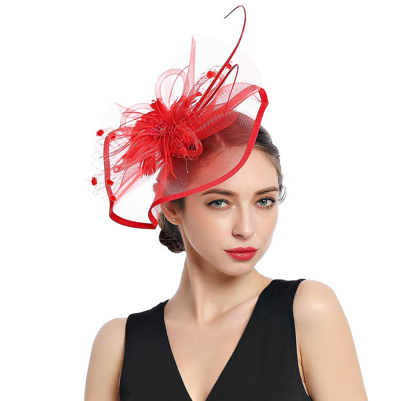 [Australia] - Women Fascinators Kentucky Derby Hair Clip Headband Wedding Tea Party Hat Mesh Feathers Hairband 5-red 