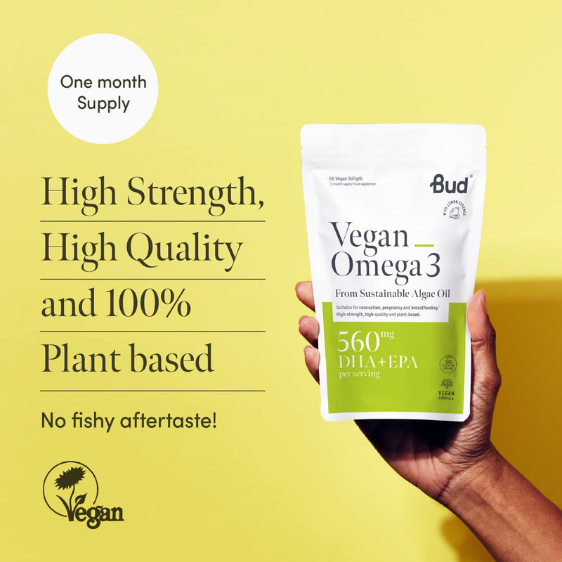 [Australia] - Bud Vegan Omega 3 Supplement | High-Strength DHA + EPA | Premium Sustainable Plant-Based Algae Oil | Supports Heart, Brain & Eye Health | 60 Omega 3 Vegan Softgels (1 Month Supply) 