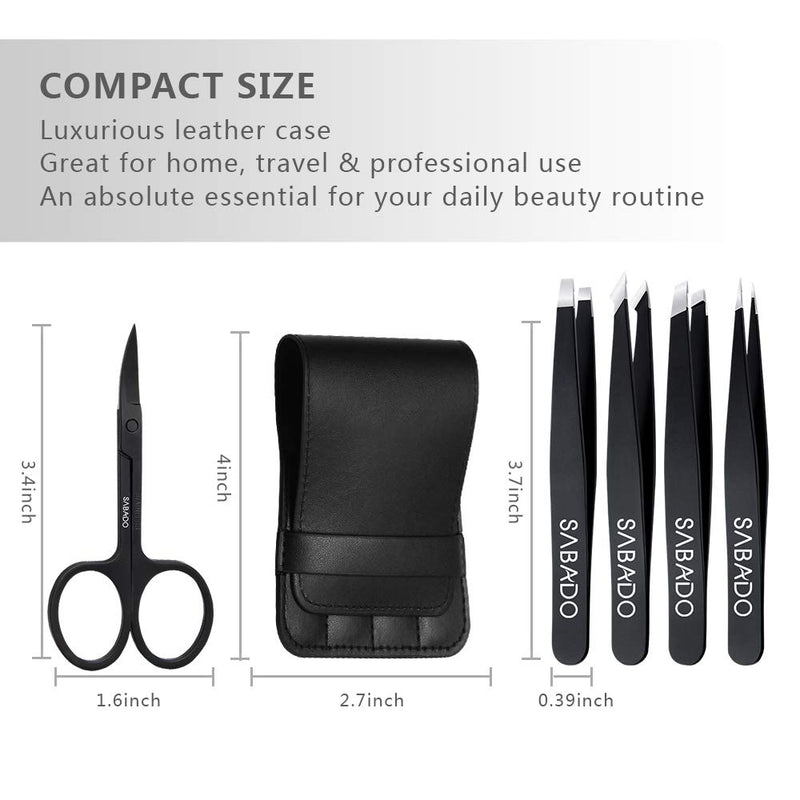 [Australia] - Tweezers Set 5-Piece - Professional Stainless Steel Tweezers with Curved Scissors, Best Precision Tweezer for Eyebrows, Splinter & Ingrown Hair Removal with Leather Travel Case (Black) 