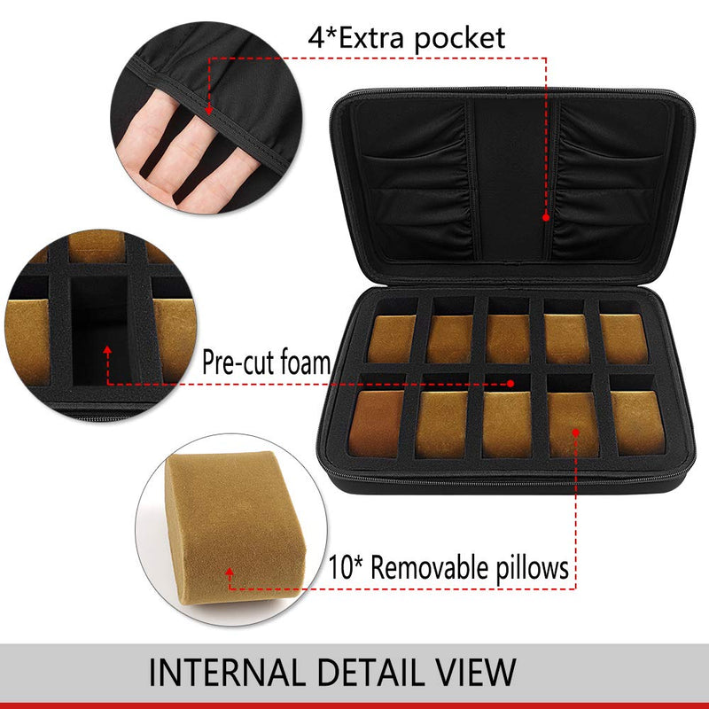 [Australia] - 10 Slots Watch Box Organizer/Men Watch Display Storage Case Fits All Wristwatches and Smart Watches up to 42mm with Extra 4 Pocket for Watch Band and Other Accessories (Black) Brown Pillow 