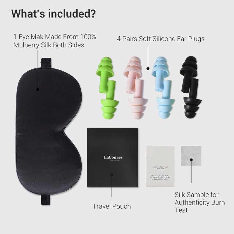 [Australia] - LaCourse 100% Natural Mulberry Silk Eye Mask for Sleeping with 4Pair EarPlugs & Travel Pouch. Soft, Smooth Sleeping Mask, Blocking Out Light. Adjustable Silk Sleep Eye Mask for Women&Men, Black Black With 4pair Earplugs 