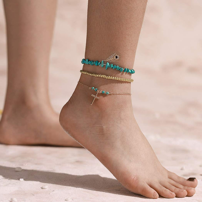 [Australia] - Aukmla Boho Layered Turquoise Anklets Chain Gold Beach Cross Pendent Foot Bracelets Jewelry for Women and Girls (Pack of 3) 