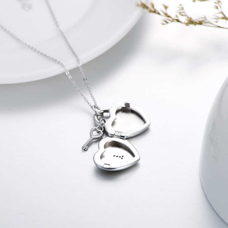 [Australia] - Personalized Sterling Silver Heart Locket Necklace That Holds Pictures Lock and Key Pendant for Women Mom Lock & Key Necklace 