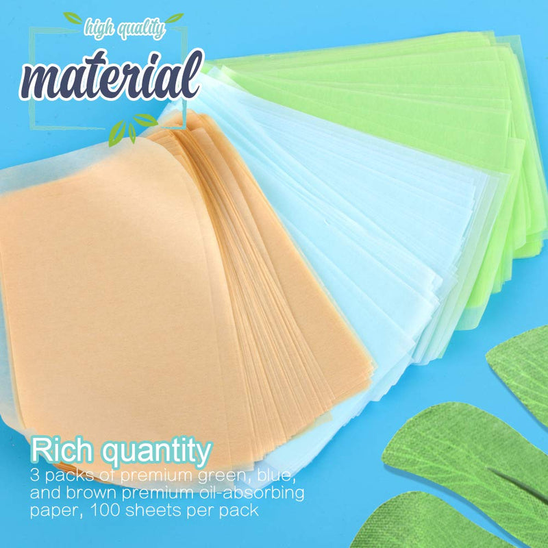 [Australia] - 300 Sheets Oil Absorbing Tissues, HNYYZL 3 Pack Premium Oil Blotting Paper Sheets, Translucent, Soft Face Blotting Paper Stay Skin Fresh and Smooth, for Facial Skin Care & Make Up(Green, Blue, Brown) 