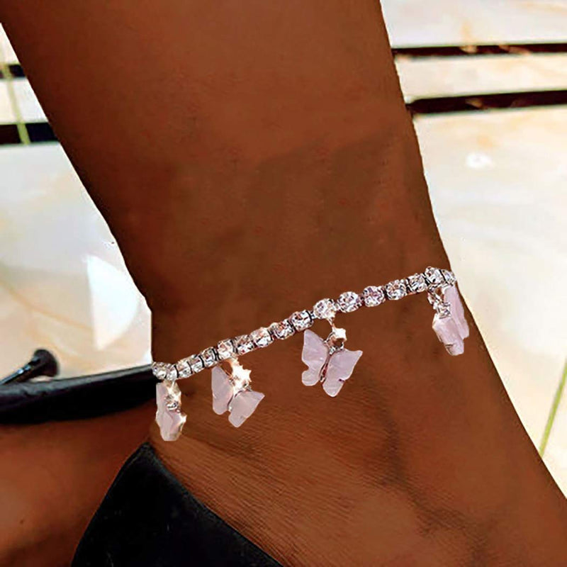 [Australia] - VFlowee Butterfly Crystal Anklets Silver Women Ankle Bracelets Butterflies Bracelet Sparkly Rhinestone Foot and Hand Chain Jewelry (Pink) 