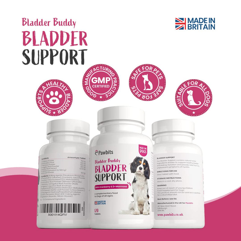 [Australia] - Pawbits 120 Bladder Buddy Support Tablets for Dogs - Dog UTI treatment Food Supplements with Cranberry and D-Mannose to Support Kidney & Urinary Health 