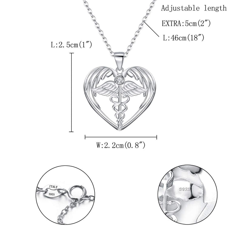 [Australia] - FANZE Graduation Gifts 925 Sterling Silver Caduceus Small Angel Wings Doctor Nurse Themed Love Heart Pendant Necklace With Adjustable Chain 20" 