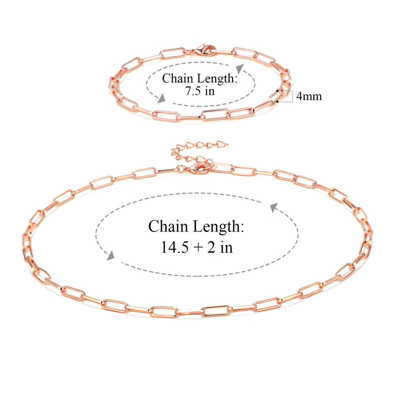 [Australia] - BOUTIQUELOVIN Women Chain Choker Necklace, Rose Gold Plated Paperclip Link Chain Necklace for Girls 16" necklace + 7" bracelet 