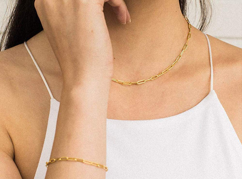 [Australia] - JAYUMO 14K Gold Plated Chain 4mm Dainty Rectangle Link Choker Necklace for Women 16 inch Necklace and 7.5 inch Bracelet Set 