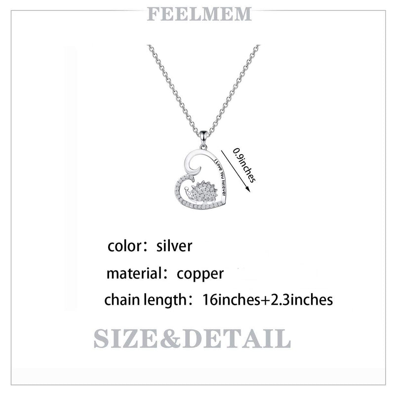 [Australia] - FEELMEM Hedgehog Necklace Cute Animal I Love You Forever CZ Hedgehog Love Heart Pendant Necklace Gift for Women Girls Hedgehog Lover Gift silver 