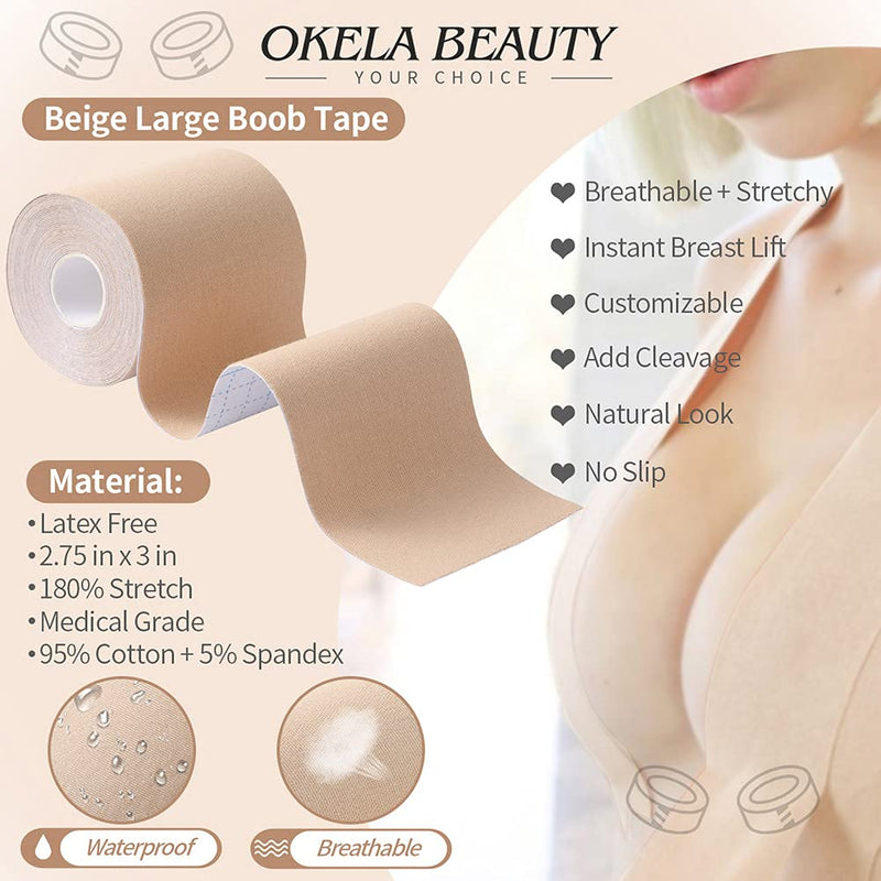 [Australia] - Okela XL Breast Lift Tape for Large Breast, Breathable Boobytape for Breast Lift Bob Lift Tape Athletic Tap ewith Reusable Breast Covers Beige 