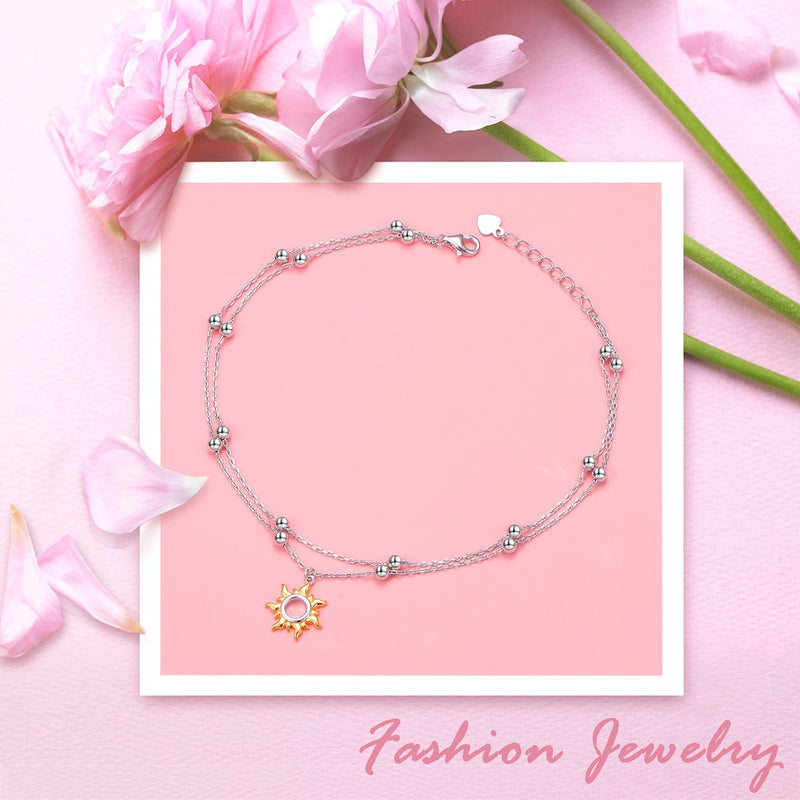 [Australia] - Star and Moon Sun Layered Anklet 925 Sterling Silver for Women Girls Adjustable Mermaid Tail Beads Ankle Bracelet Crescent Boho Beach Foot Chain 9+1 Inch Charm Jewelry Best Birthday Gifts Gold Sun 