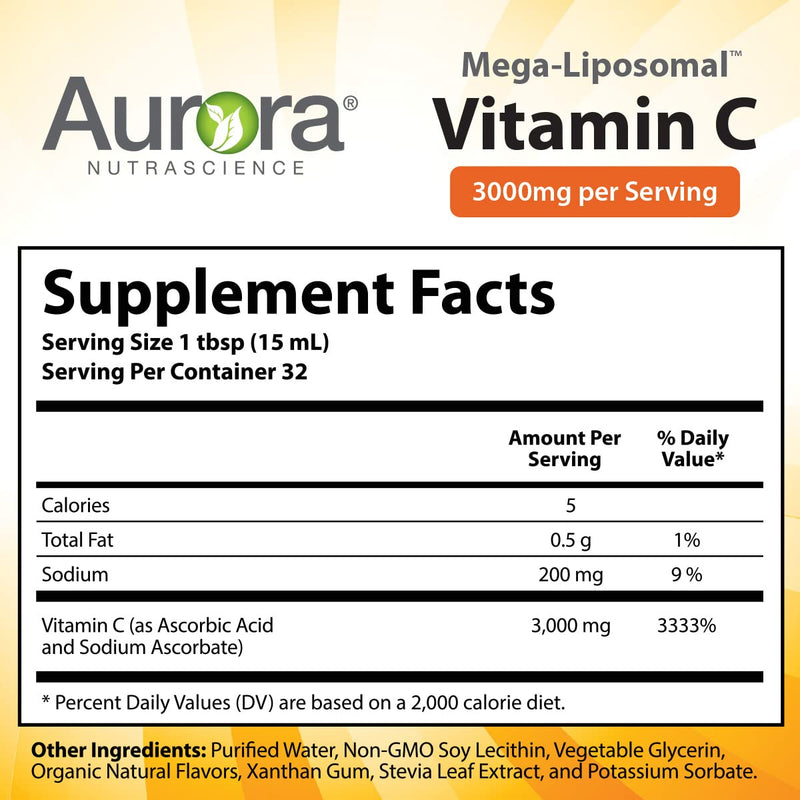 [Australia] - Aurora Nutrascience, Mega- Liposomal Vitamin C, 3,000 mg per Serving, Gluten Free, Non-GMO, Sugar Free, High Absorption, Fat Soluble Vitamin C, Immune System Support, 16 oz (480 mL) 16 Fl Oz (Pack of 1) 