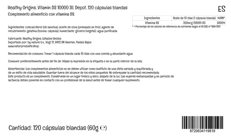 [Australia] - Healthy Origins, Depot Vitamin D3 250mcg (10,000 IU), Depot, 1 Capsule Every 10 Days, 120 Softgels, Highly Dosed, Lab-Tested, Soy Free, Gluten Free, Non GMO 