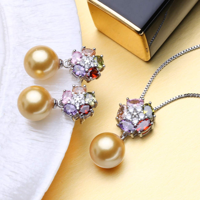 [Australia] - LSOOYH 18K Gold Plated Fashion Austrian Crystal Flower Necklace Earrings for Women Golden Pearl Jewelry Sets 