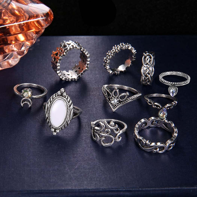 [Australia] - VFlowee Boho Crystal Knuckle Rings Set Gemstone Vintage Stackable Finger Rings Midi Ring for Women Hollow Carved Flowers Gold&Silver Ring Crystal Joint Rings (10pcs boho rings silver) 10pcs boho rings silver 