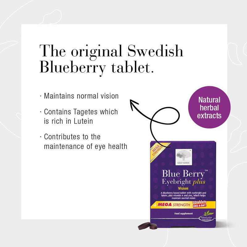 [Australia] - New Nordic Blue Berry Mega Strength - One-A-Day Tablets - 30 Tablets - Blue Berry Eyebright Plus - Natural Vegan Eye Supplement Tablets - Suitable for Women and Men 