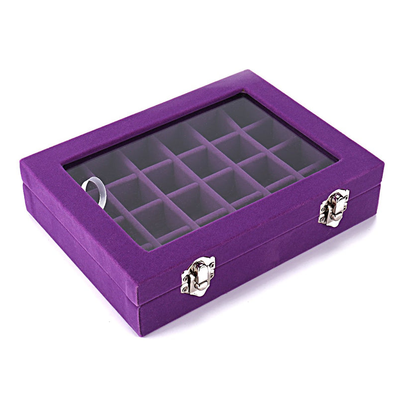 [Australia] - Ivosmart 24 Section Velvet Glass Jewelry Ring Display Organiser Box Tray Holder Earrings Storage Case (Purple) Purple 