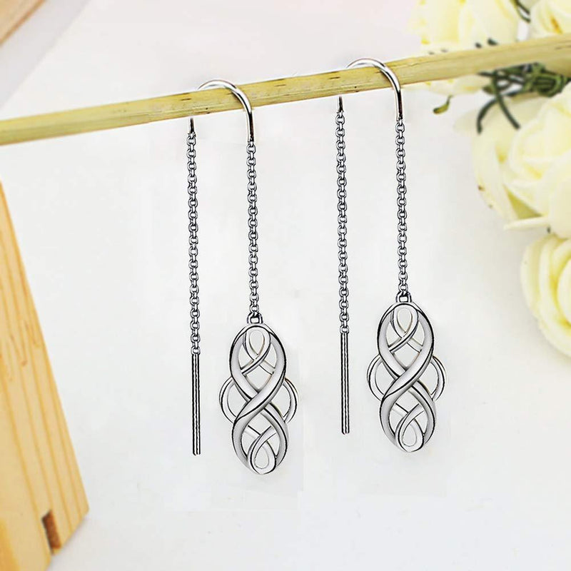 [Australia] - Meyiert 925 Sterling Silver Celtic Knot Needle Drop Threader Pull Through Earrings for Womens White 