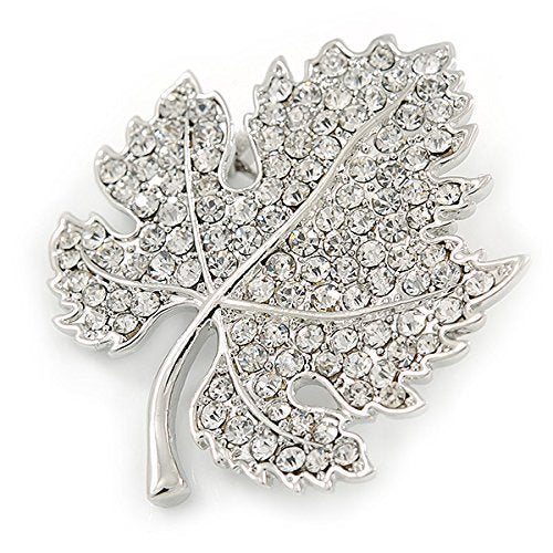 [Australia] - Avalaya Clear Austrian Crystal Maple Leaf Brooch in Rhodium Plating - 40mm L 
