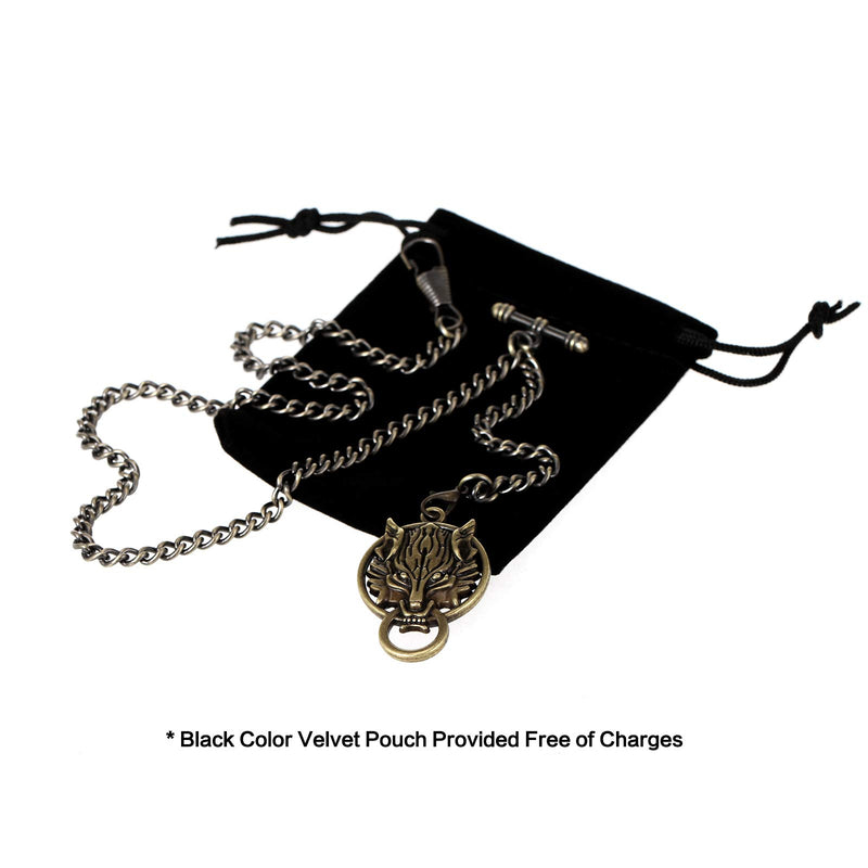 [Australia] - TREEWETO Men's Albert Chain Pocket Watch Curb Link Key Chain 2 Hooks with Antique Wolf Pendant Design Charm Fob T Bar Bronze 