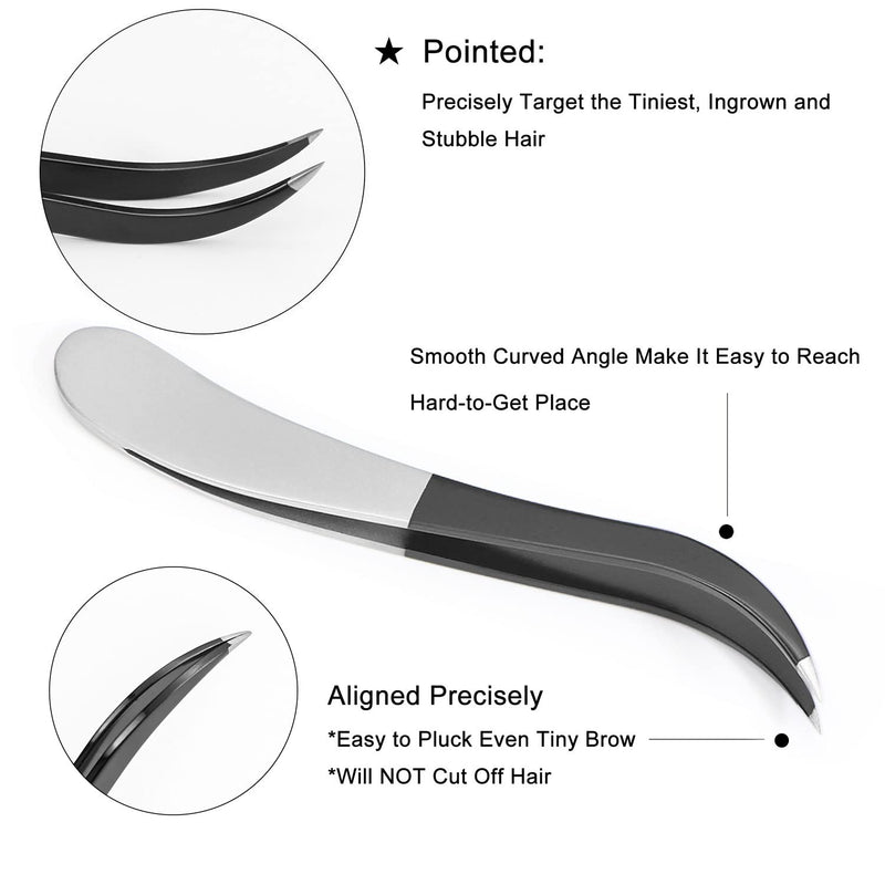 [Australia] - Precision Tweezers Professional Set 4pcs, Flat, Pointed, Slanted Tweezers for Eyebrows and Acne Needle, Tweezer Set for Men and Women with Leather Case, Also Ideal for Lash, Ingrown Hairs, Blackheads Black and Silver 