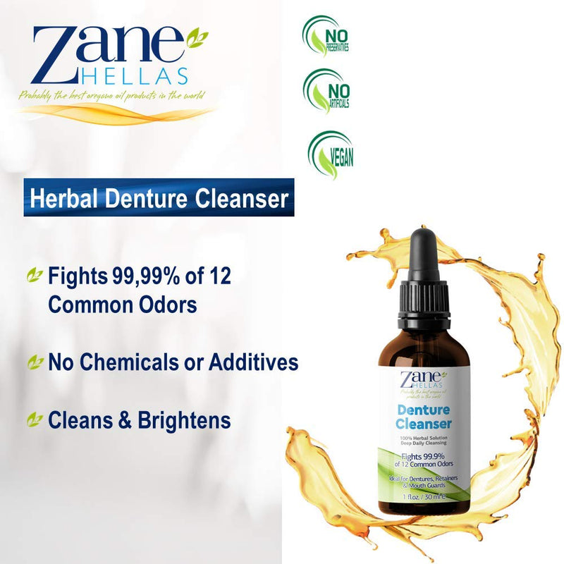 [Australia] - Zane Hellas Denture Cleaner. Oregano Oil Power. Ideal for Dentures, Retainers, Braces, Mouth Guards. Helps Remove Plaque, Tartar, Stains and Bad Odor. 100% Herbal Solution. 1 fl.oz.-30ml. 