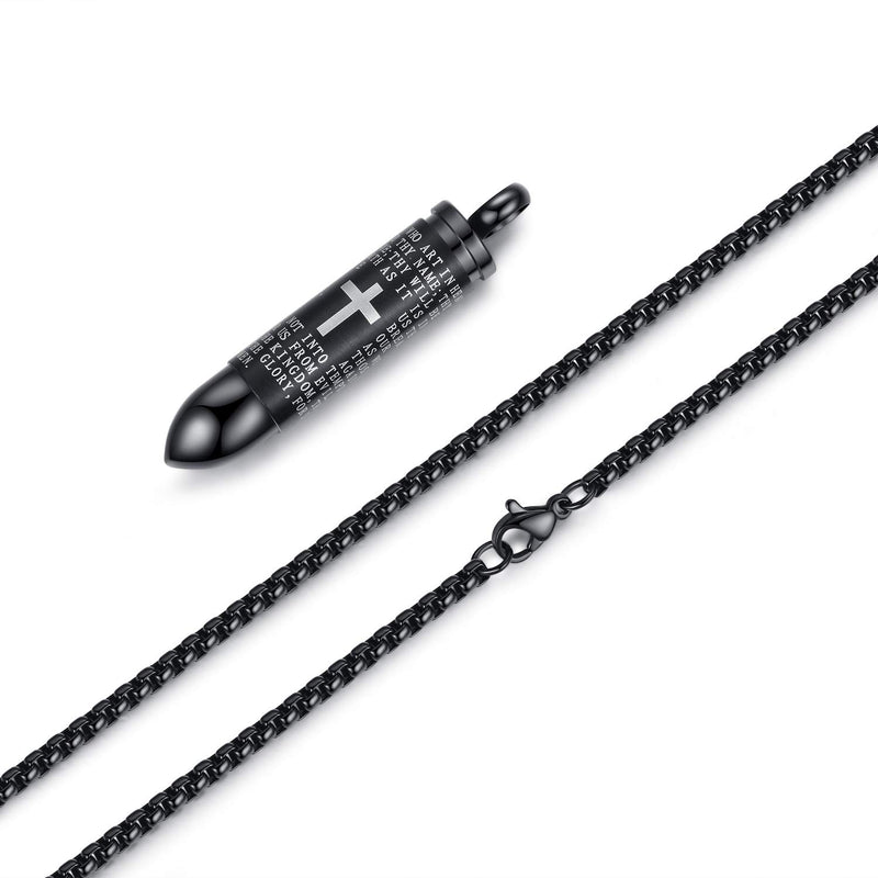 [Australia] - MONIYA Stainless Steel Bullet Pendant Urn Ashes Necklace Cross Lords Prayer in English, 22inch Box Chain Black Tone 