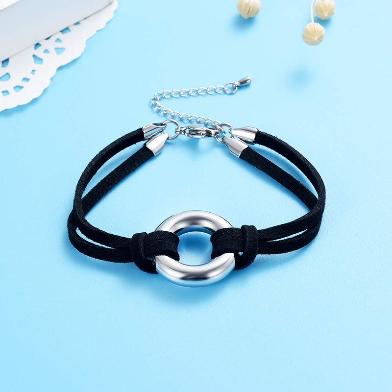 [Australia] - Circle of Life Cremation Jewelry Black Genuine Leather Memorial Urn Bracelet for Ashes of Loved One Keepsake Holder for Women Men Silver Tone 