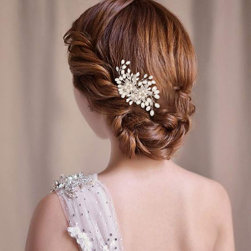 [Australia] - BriLove Women's Teardrop Simulated Pearl Bridal Flower Handmade DIY Bendable Filigree Hair Comb Ivory Color Clear Silver-Tone 