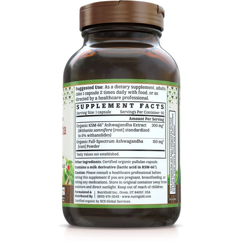 [Australia] - NutriGold Organic Ashwagandha Gold, 500 mg, 90 Plantcaps - Clinically-Proven, Non-GMO, Full-Spectrum Root Standardized Extract Powder Supplement 