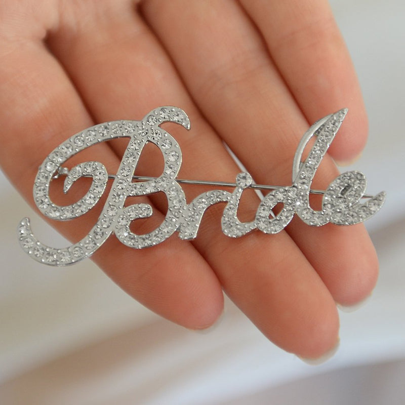 [Australia] - Mariell Crystal Rhinestone Bride Brooch Pin in Script Lettering - Bachelorette & Bridal Shower Gift! 
