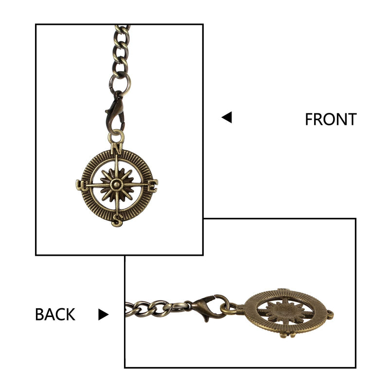 [Australia] - TREEWETO Men's Albert Chain Pocket Watch Curb Link Key Chain 2 Hooks with Antique Compass Pendant Design Charm Fob T Bar Bronze 