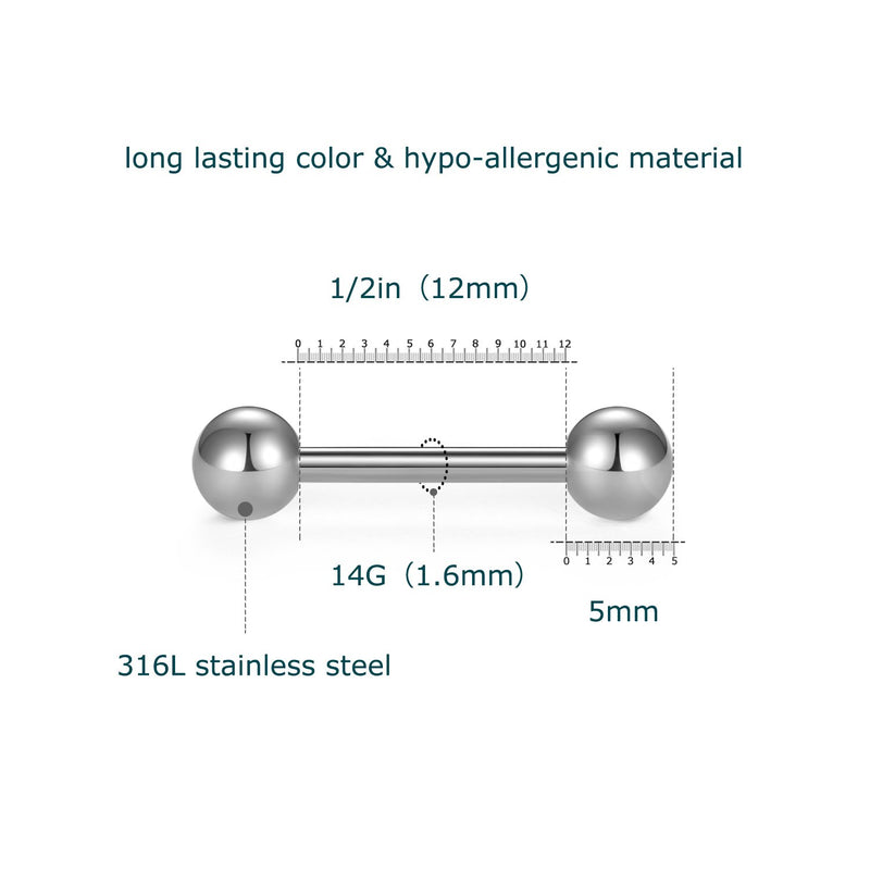 [Australia] - vcmart 12mm-18mm 14G Tongue Rings Nipple Straight Barbells Surgical Steel Body Piercing Jewelry 1 -9pcs 12.0 Millimeters 