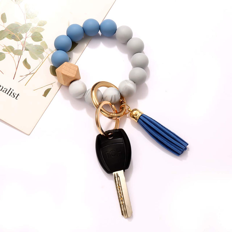 [Australia] - Silicone Key Ring Bracelet Beaded Wrislet Keychain Portable House Car Keys Ring Holder Blue 