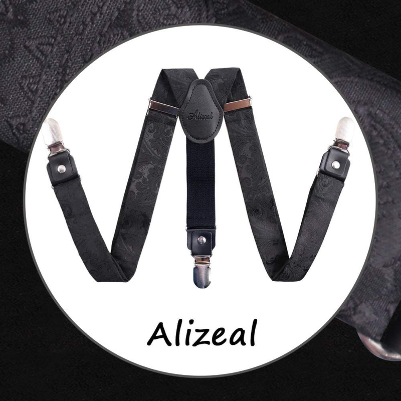 [Australia] - Alizeal Boys Paisley Adjustable Pre-tied Bow Tie and Clips Suspenders Set Black 