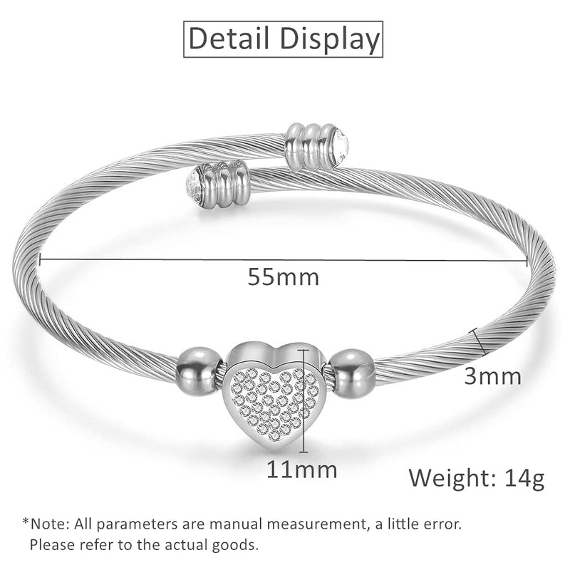 [Australia] - Homelavie Bangles Bracelets for Women Stainless Steel Crystal Heart Cable Twisted Bangle Cuff Bangle Fashion Jewelry for Girls Men Boys White 